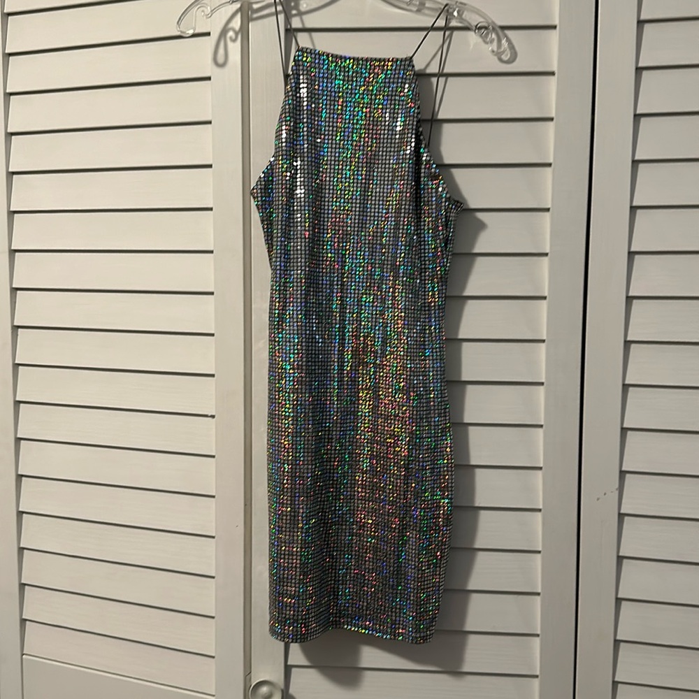 Silver Sparkley Disco halter Mini dress, size medium